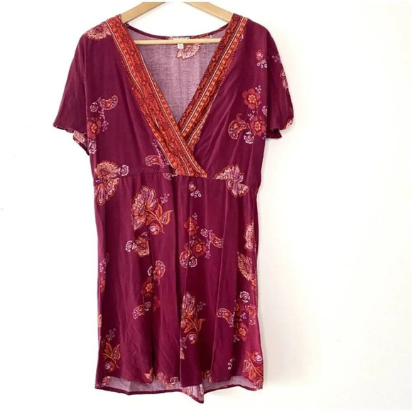 Eyeshadow Boho Floral Mini Sundress Faux Wrap Burgundy Hippie Women's Large - Picture 1 of 5